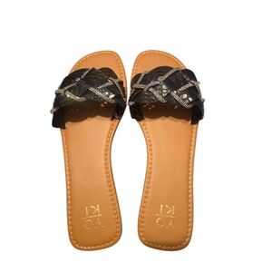 Embellished Elegant Black & Silver Braided Flat Sandals with Silver Accents